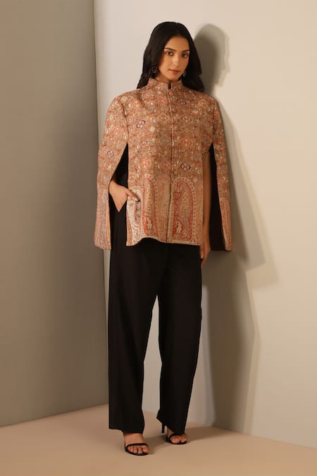 Dusala_Beige Kavya Wool Silk Woven Cape _Online_at_Aza_Fashions