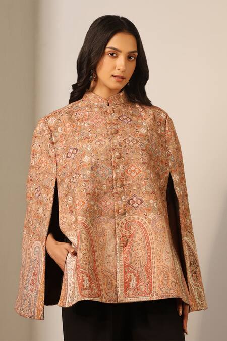 Buy_Dusala_Beige Kavya Wool Silk Woven Cape _Online_at_Aza_Fashions