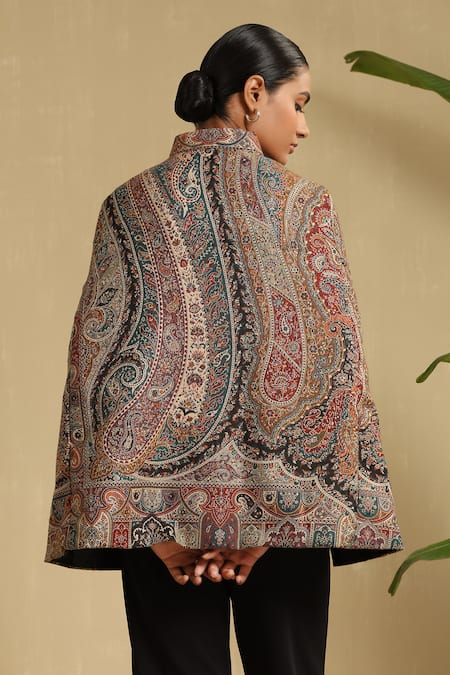 Shop Dusala Multi Color Jazz Foliage Bloom Pattern Fine Wool Silk Cape at Aza Fashions Shop_Dusala_Multi Color Jazz Foliage Bloom Pattern Fine Wool Silk Cape _at_Aza_Fashions