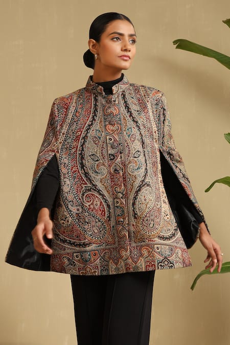 Dusala Multi Color Jazz Foliage Bloom Pattern Fine Wool Silk Cape Online at Aza Fashions Dusala_Multi Color Jazz Foliage Bloom Pattern Fine Wool Silk Cape _Online_at_Aza_Fashions
