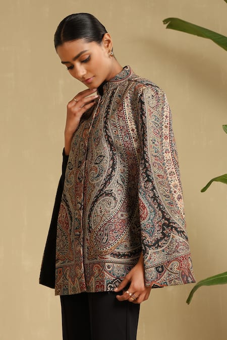 Buy Dusala Multi Color Jazz Foliage Bloom Pattern Fine Wool Silk Cape Online at Aza Fashions Buy_Dusala_Multi Color Jazz Foliage Bloom Pattern Fine Wool Silk Cape _Online_at_Aza_Fashions