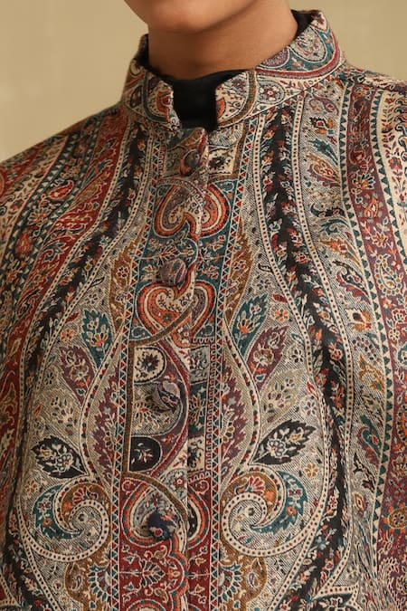 Shop Dusala Multi Color Jazz Foliage Bloom Pattern Fine Wool Silk Cape Online at Aza Fashions Shop_Dusala_Multi Color Jazz Foliage Bloom Pattern Fine Wool Silk Cape _Online_at_Aza_Fashions