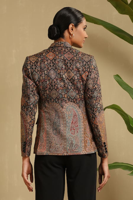 Shop_Dusala_Black Wool, Silk Embroidery Raji Vintage Fleur Pattern Fine Blazer Jacket _at_Aza_Fashions