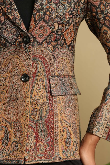 Dusala_Black Wool, Silk Embroidery Raji Vintage Fleur Pattern Fine Blazer Jacket _Online_at_Aza_Fashions