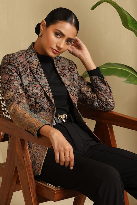 Shop_Dusala_Black Wool, Silk Embroidery Raji Vintage Fleur Pattern Fine Blazer Jacket _Online_at_Aza_Fashions