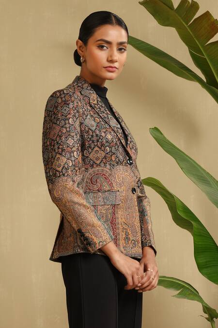 Dusala_Black Wool, Silk Embroidery Raji Vintage Fleur Pattern Fine Blazer Jacket _at_Aza_Fashions