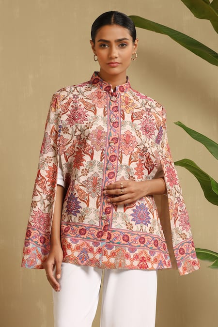 DUSALA Zeda Wildflora Bloom Fine Wool Kalamkari Silk Cape 