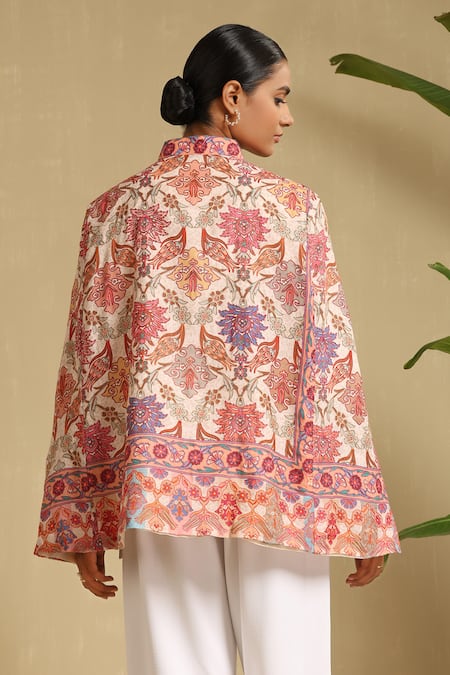 Shop_Dusala_Multi Color Zeda Wildflora Bloom Fine Wool Kalamkari Silk Cape _at_Aza_Fashions