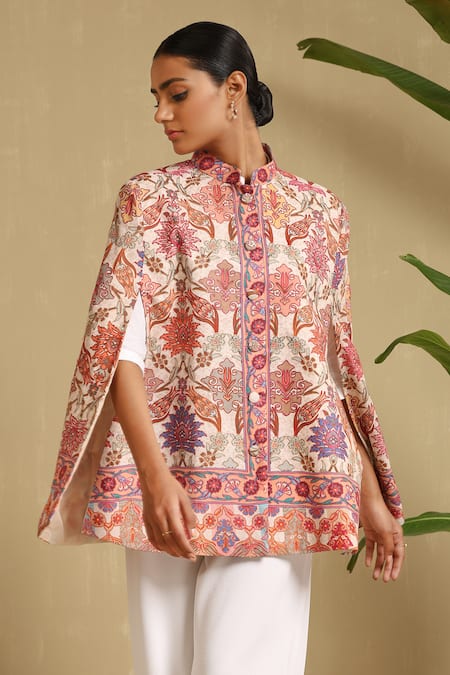 Dusala_Multi Color Zeda Wildflora Bloom Fine Wool Kalamkari Silk Cape _Online_at_Aza_Fashions