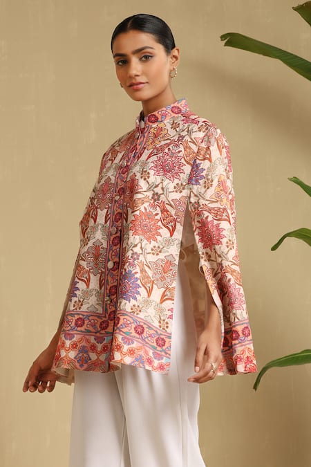 Buy_Dusala_Multi Color Zeda Wildflora Bloom Fine Wool Kalamkari Silk Cape _Online_at_Aza_Fashions