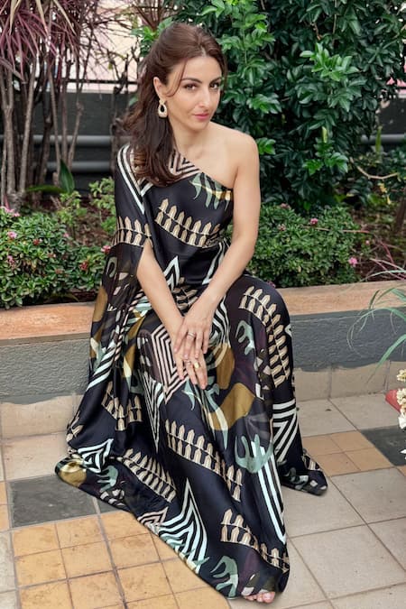 Shop Vedika M Multi Color Satin Sequins One Shoulder Abstract Print Dress Online at Aza Fashions Shop_Vedika M_Multi Color Satin Sequins One Shoulder Abstract Print Dress _Online_at_Aza_Fashions