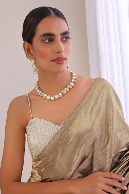 Shop_SWABHIMANN_Gold Plated Crystals Polki Stone Studded Necklace Set _at_Aza_Fashions