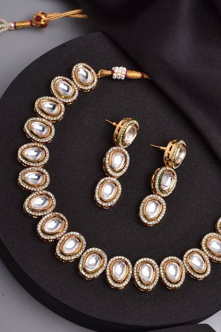 SWABHIMANN_Gold Plated Crystals Polki Stone Studded Necklace Set _Online_at_Aza_Fashions
