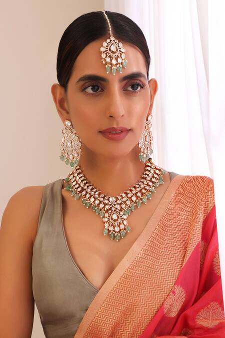 Swabhimann_Green Beads, Stones Paisley Moissani Polki Studded Necklace Set _Online_at_Aza_Fashions