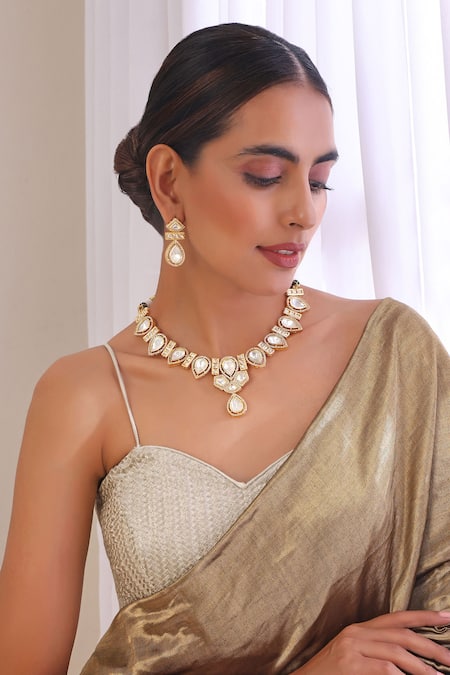Shop Swabhimann Gold Plated Crystals, Diamonds Geometric Moissani Polki Studded Necklace Set at Aza Fashions Shop_Swabhimann_Gold Plated Crystals, Diamonds Geometric Moissani Polki Studded Necklace Set _at_Aza_Fashions