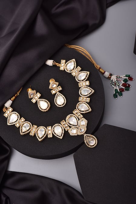 Buy_Swabhimann_Gold Plated Crystals, Diamonds Geometric Moissani Polki Studded Necklace Set _Online_at_Aza_Fashions
