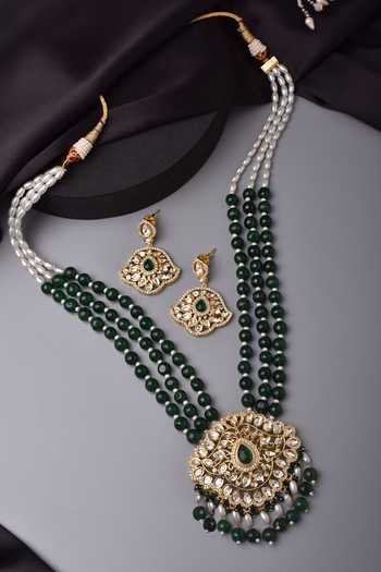 Shop Swabhimann Green Stones, Beads, Metallic Thread Moissani Polki Studded Pendant Necklace Set at Aza Fashions Shop_Swabhimann_Green Stones, Beads, Metallic Thread Moissani Polki Studded Pendant Necklace Set _at_Aza_Fashions