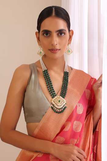 Buy Swabhimann Green Stones, Beads, Metallic Thread Moissani Polki Studded Pendant Necklace Set Online at Aza Fashions Buy_Swabhimann_Green Stones, Beads, Metallic Thread Moissani Polki Studded Pendant Necklace Set _Online_at_Aza_Fashions