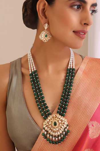Shop Swabhimann Green Stones, Beads, Metallic Thread Moissani Polki Studded Pendant Necklace Set Online at Aza Fashions Shop_Swabhimann_Green Stones, Beads, Metallic Thread Moissani Polki Studded Pendant Necklace Set _Online_at_Aza_Fashions