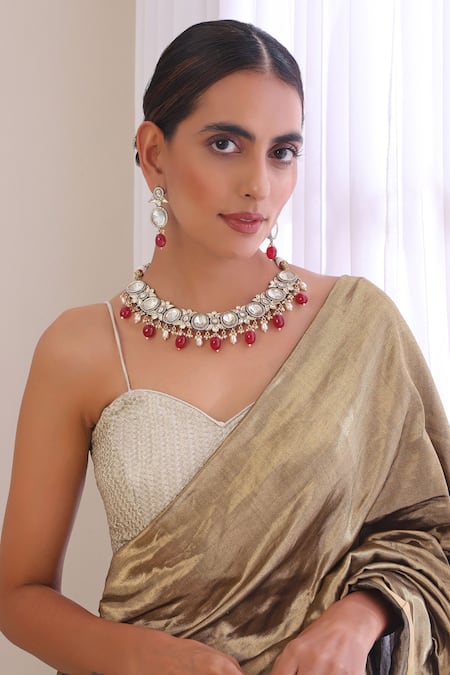 Swabhimann Red Beads, Diamonds Moissani Polki Studded Geometric Necklace Set