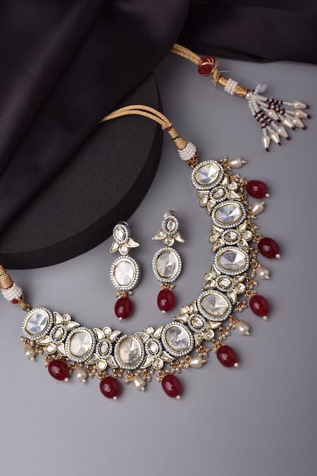 Swabhimann_Red Beads, Diamonds Moissani Polki Studded Geometric Necklace Set _Online_at_Aza_Fashions