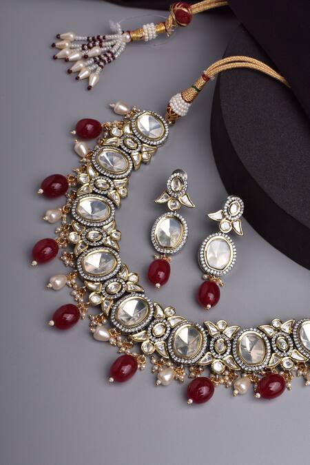 Buy_Swabhimann_Red Beads, Diamonds Moissani Polki Studded Geometric Necklace Set _Online_at_Aza_Fashions