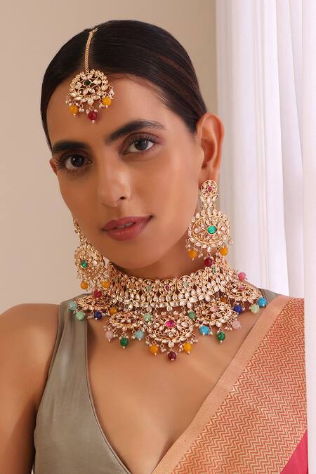 Swabhimann Multi Color Stones, Beads, Metallic Thread Floral Vine Polki Studded Choker Set Online at Aza Fashions Swabhimann_Multi Color Stones, Beads, Metallic Thread Floral Vine Polki Studded Choker Set _Online_at_Aza_Fashions