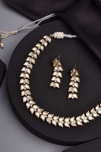 Swabhimann Silver Plated Diamonds, Stones Foliage Polki Studded Necklace Set Online at Aza Fashions Swabhimann_Silver Plated Diamonds, Stones Foliage Polki Studded Necklace Set _Online_at_Aza_Fashions