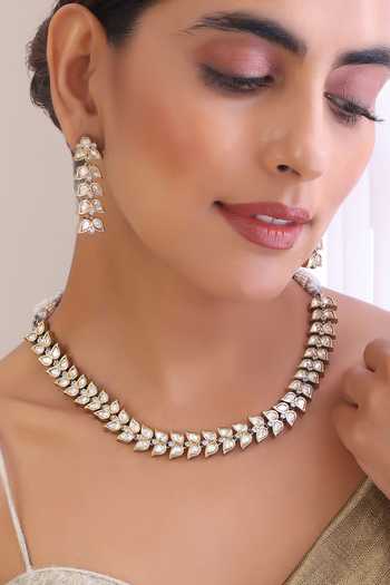 Shop Swabhimann Silver Plated Diamonds, Stones Foliage Polki Studded Necklace Set Online at Aza Fashions Shop_Swabhimann_Silver Plated Diamonds, Stones Foliage Polki Studded Necklace Set _Online_at_Aza_Fashions