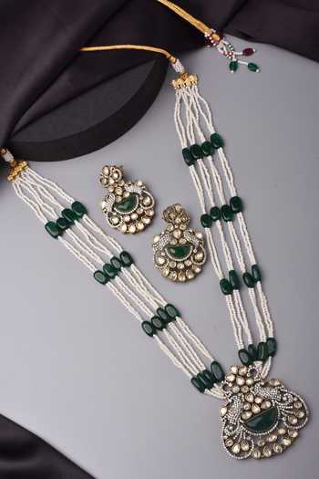 Buy_Swabhimann_Green Beads, Diamonds Floral Swirl Victorian Polki Stone Studded Necklace Set _Online_at_Aza_Fashions