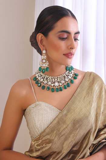Shop Swabhimann Green Stones, Beads Moissani Polki Studded Floral Necklace Set at Aza Fashions Shop_Swabhimann_Green Stones, Beads Moissani Polki Studded Floral Necklace Set _at_Aza_Fashions