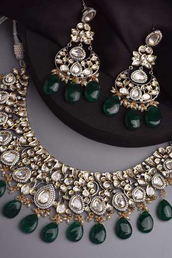 Swabhimann Green Stones, Beads Moissani Polki Studded Floral Necklace Set Online at Aza Fashions Swabhimann_Green Stones, Beads Moissani Polki Studded Floral Necklace Set _Online_at_Aza_Fashions