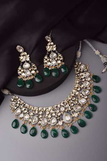 Buy_Swabhimann_Green Stones, Beads Moissani Polki Studded Floral Necklace Set _Online_at_Aza_Fashions