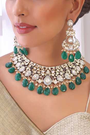 Shop Swabhimann Green Stones, Beads Moissani Polki Studded Floral Necklace Set Online at Aza Fashions Shop_Swabhimann_Green Stones, Beads Moissani Polki Studded Floral Necklace Set _Online_at_Aza_Fashions
