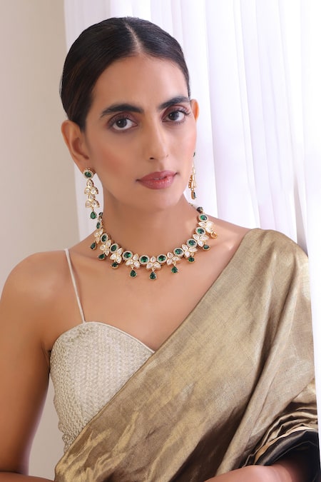 Shop Swabhimann Green Diamonds, Stones Polki Studded Drop Necklace Set at Aza Fashions Shop_Swabhimann_Green Diamonds, Stones Polki Studded Drop Necklace Set _at_Aza_Fashions