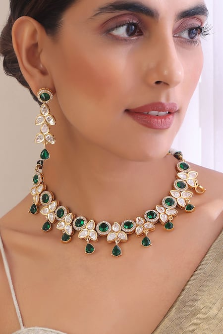 Swabhimann Green Diamonds, Stones Polki Studded Drop Necklace Set Online at Aza Fashions Swabhimann_Green Diamonds, Stones Polki Studded Drop Necklace Set _Online_at_Aza_Fashions