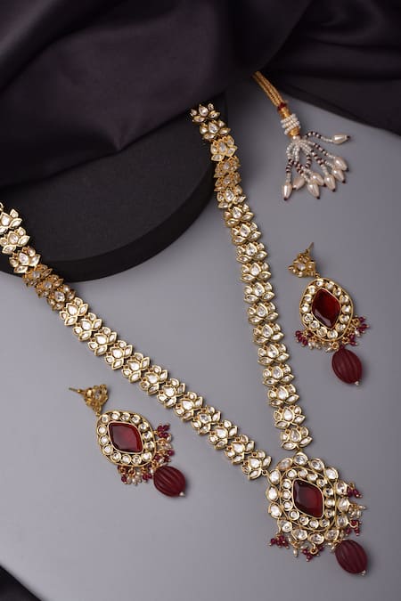 Swabhimann_Red Diamonds, Stones Lotus Moissani Polki Long Necklace Set _Online_at_Aza_Fashions