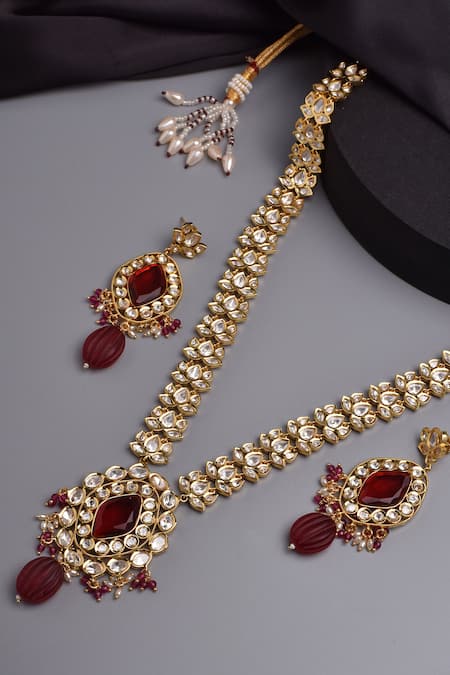Buy_Swabhimann_Red Diamonds, Stones Lotus Moissani Polki Long Necklace Set _Online_at_Aza_Fashions