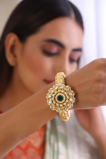 Shop Swabhimann Green Pearls, Diamonds, Stones Bloom Bliss Kundan Studded Kada at Aza Fashions Shop_Swabhimann_Green Pearls, Diamonds, Stones Bloom Bliss Kundan Studded Kada _at_Aza_Fashions