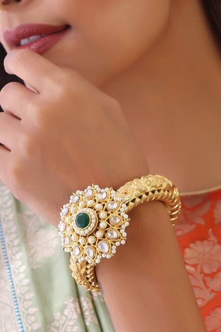 Swabhimann Green Pearls, Diamonds, Stones Bloom Bliss Kundan Studded Kada Online at Aza Fashions Swabhimann_Green Pearls, Diamonds, Stones Bloom Bliss Kundan Studded Kada _Online_at_Aza_Fashions