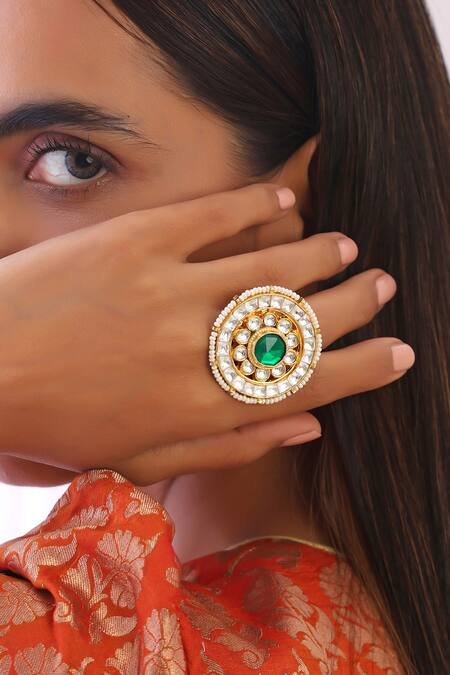 Swabhimann_Green Imitation Diamonds Gold Toned Kundan Ring With _Online_at_Aza_Fashions