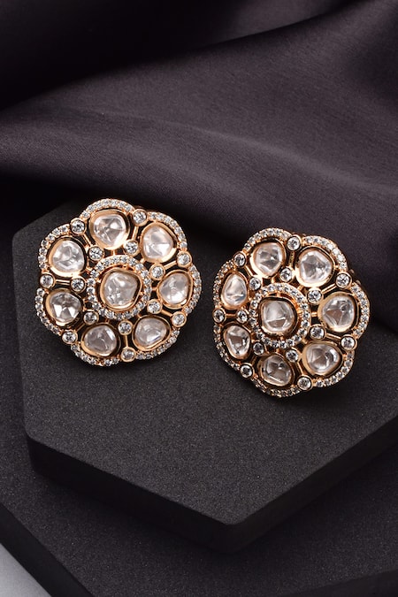Shop_Swabhimann_Gold Plated Mirrors, Stones Gleaming Pansy Polki Stud Earrings _at_Aza_Fashions