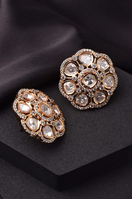 Swabhimann_Gold Plated Mirrors, Stones Gleaming Pansy Polki Stud Earrings _Online_at_Aza_Fashions