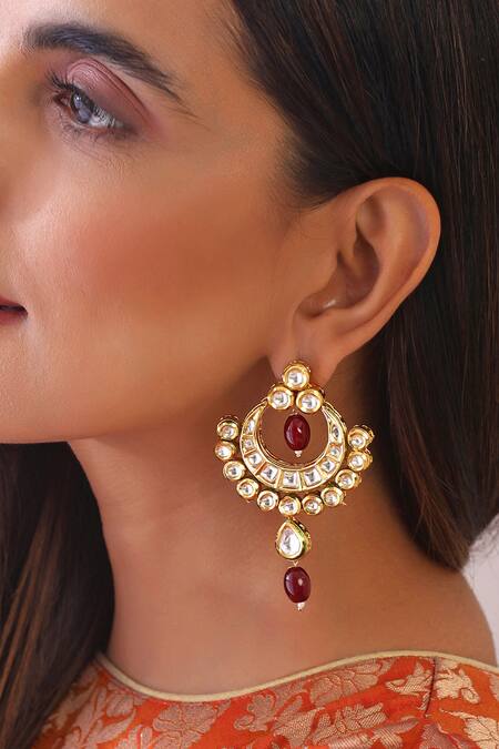 Buy_Swabhimann_Red Gota Patti Mystic Lunar Kundan Embellished Drop Earrings _Online_at_Aza_Fashions