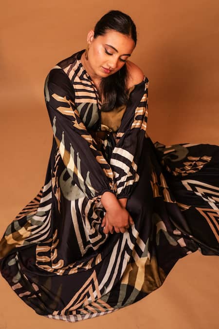 Shop_Vedika M_Multi Color Satin Embroidery One Shoulder Geometric Abstract Print Dress _Online_at_Aza_Fashions