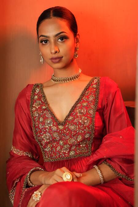 Buy_Enamour By Radha_Red Organza, Silk Sequins, Zari, Embellished Yoke Gathered Anarkali Set _Online_at_Aza_Fashions