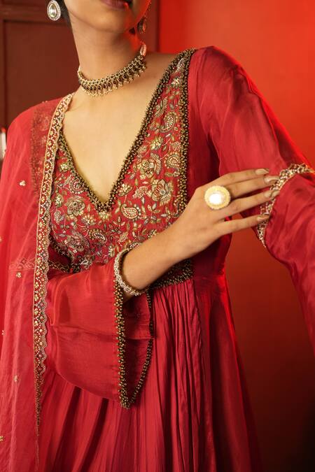 Enamour By Radha_Red Organza, Silk Sequins, Zari, Embellished Yoke Gathered Anarkali Set _at_Aza_Fashions