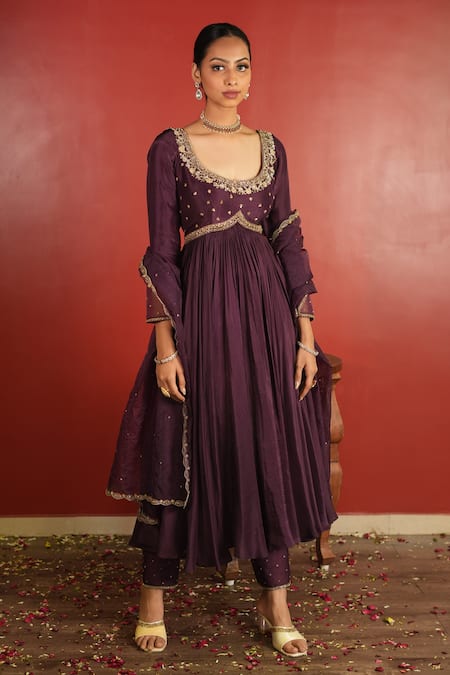 Enamour By Radha_Purple Organza, Silk Sequins, Embroidery Round Neck Yoke Pleated Anarkali Set _Online_at_Aza_Fashions
