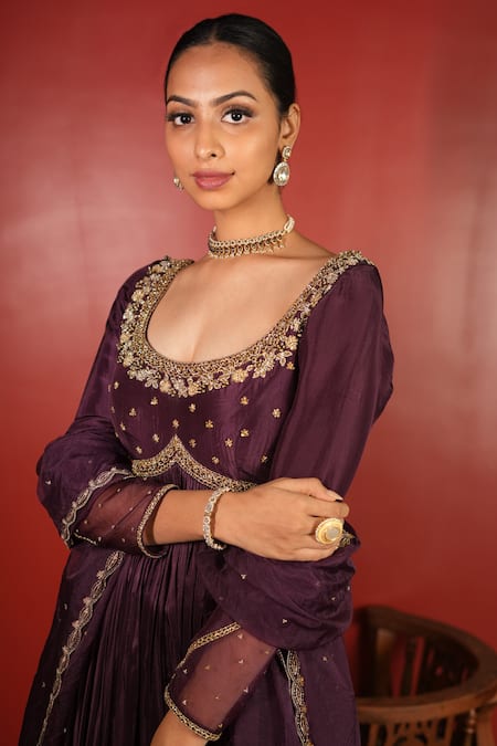 Shop_Enamour By Radha_Purple Organza, Silk Sequins, Embroidery Round Neck Yoke Pleated Anarkali Set _Online_at_Aza_Fashions