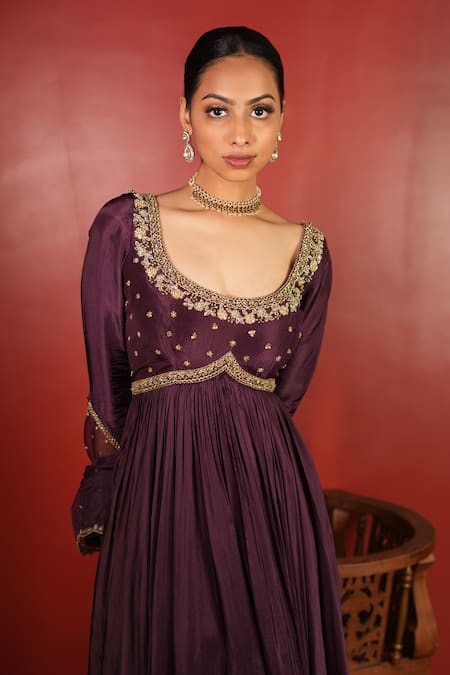 Enamour By Radha_Purple Organza, Silk Sequins, Embroidery Round Neck Yoke Pleated Anarkali Set _at_Aza_Fashions